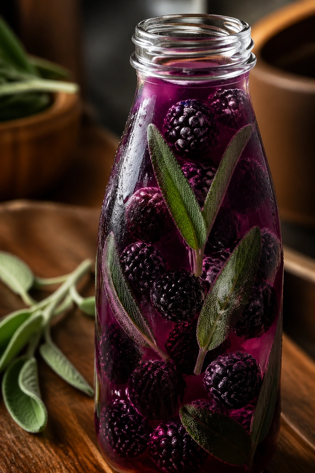 Close-up of blackberry sage water in a glass bottle with blackberries and sage