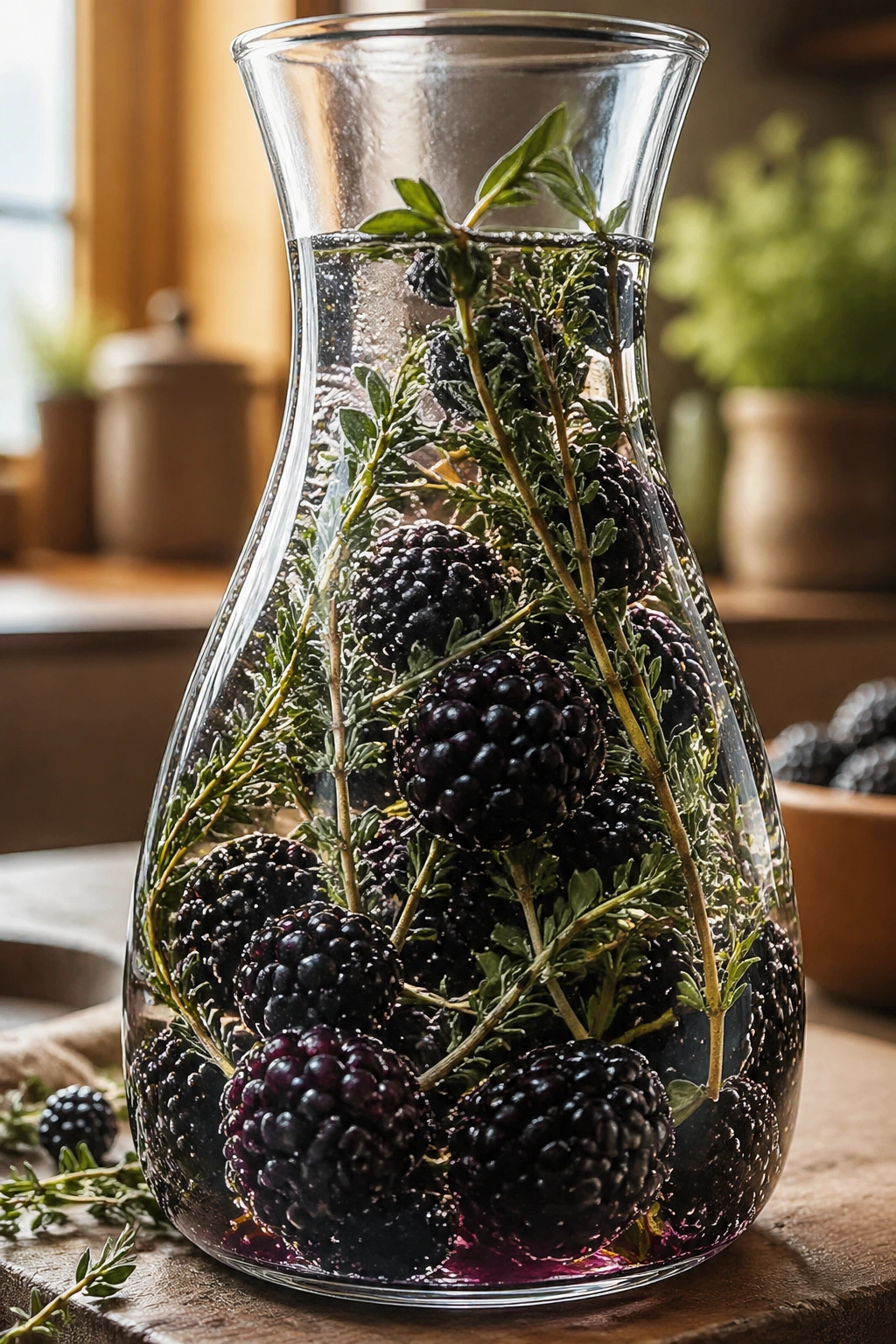 Glass carafe with blackberries and thyme in water on a warm kitchen setting.