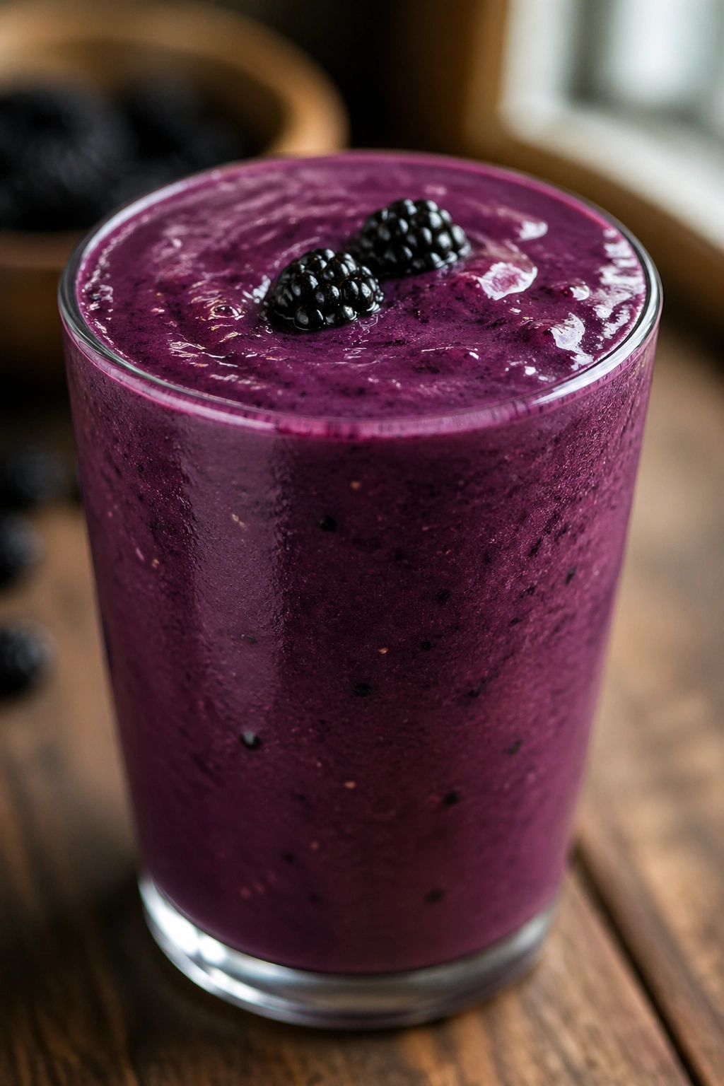 Close-up of a blackberry tofu smoothie in a glass on a wooden kitchen counter