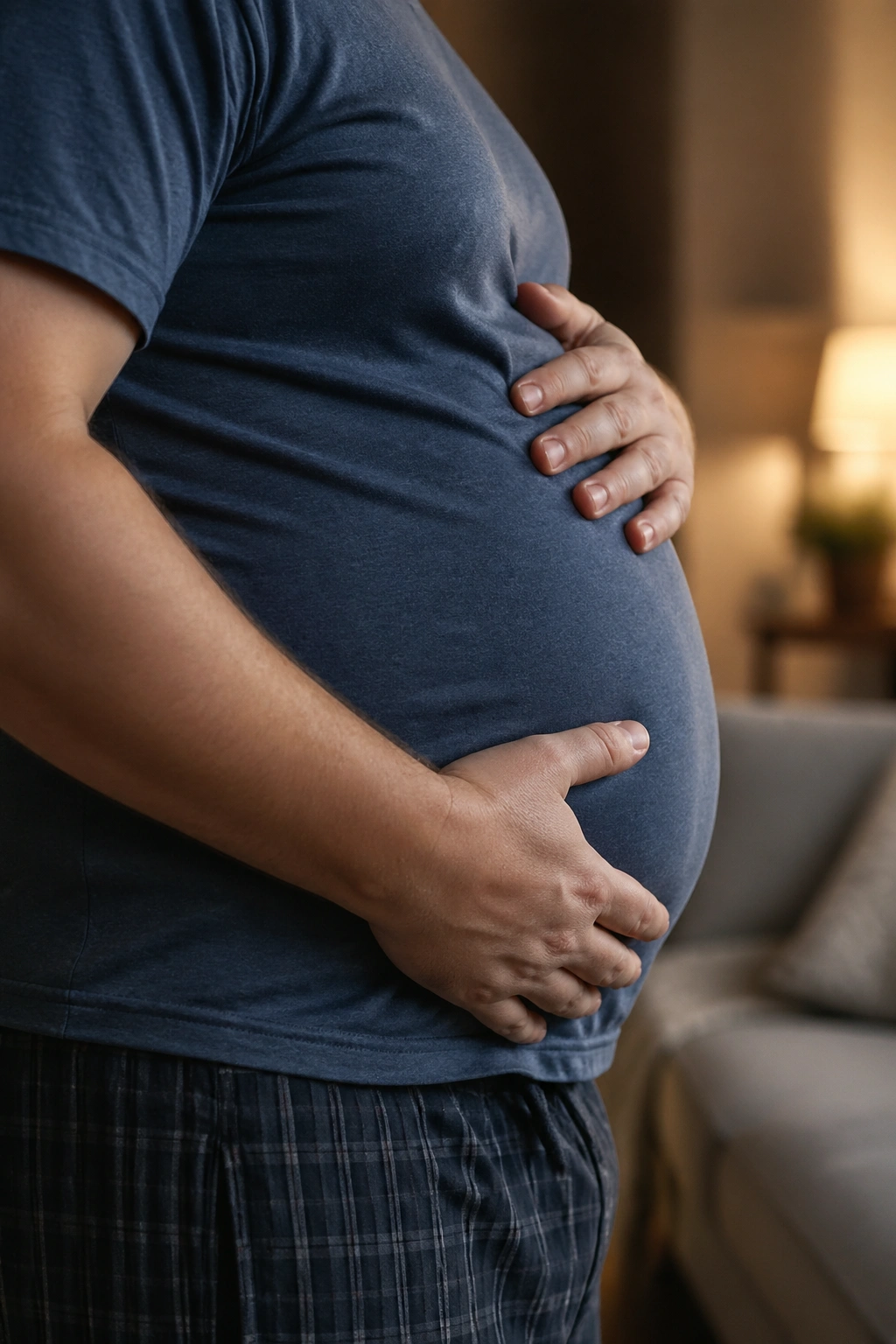 Side profile of a person showing midsection and belly area