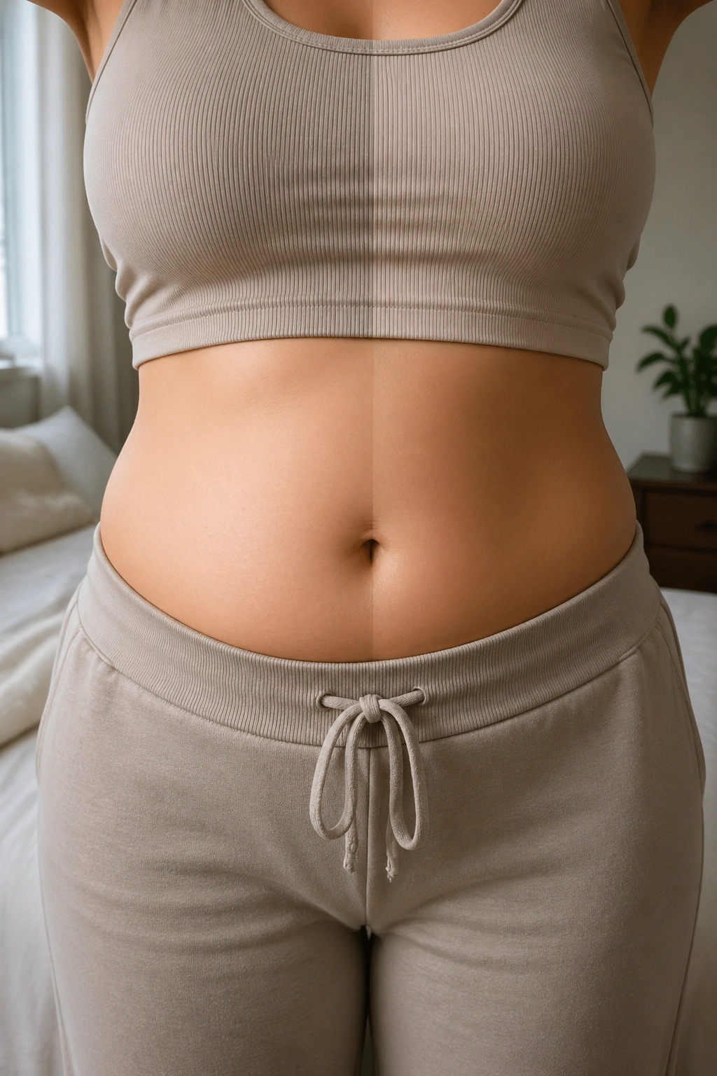 Close-up of a real person's midsection showing bloat vs fat through lighting