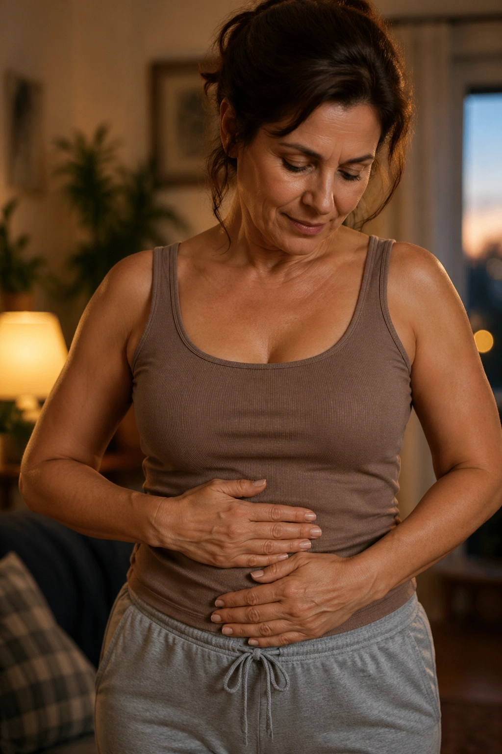 Close-up portrait of a woman touching her midsection in a cozy home setting.