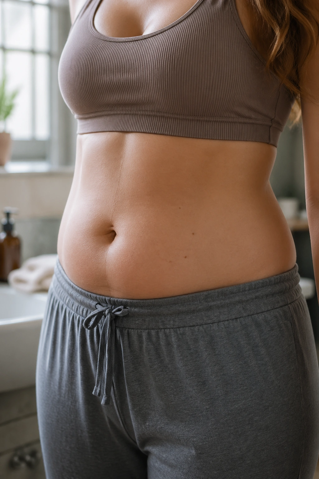 Close-up of a woman's abdomen showing subtle bloating to distinguish from belly fat