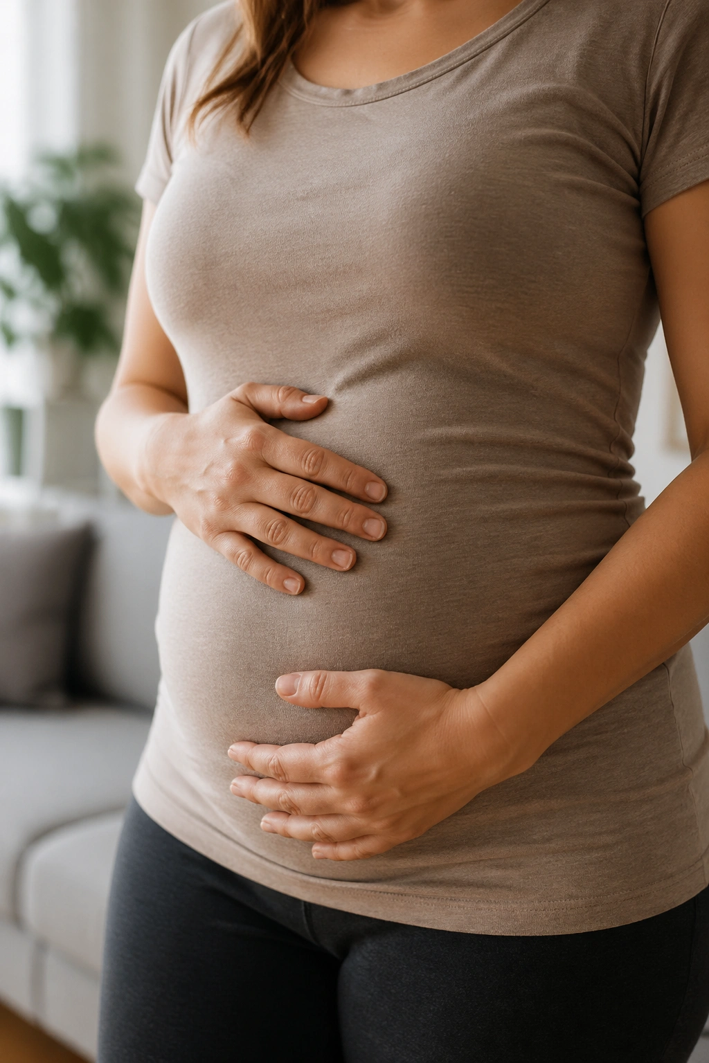 Woman's midsection showing bloating in a home setting.