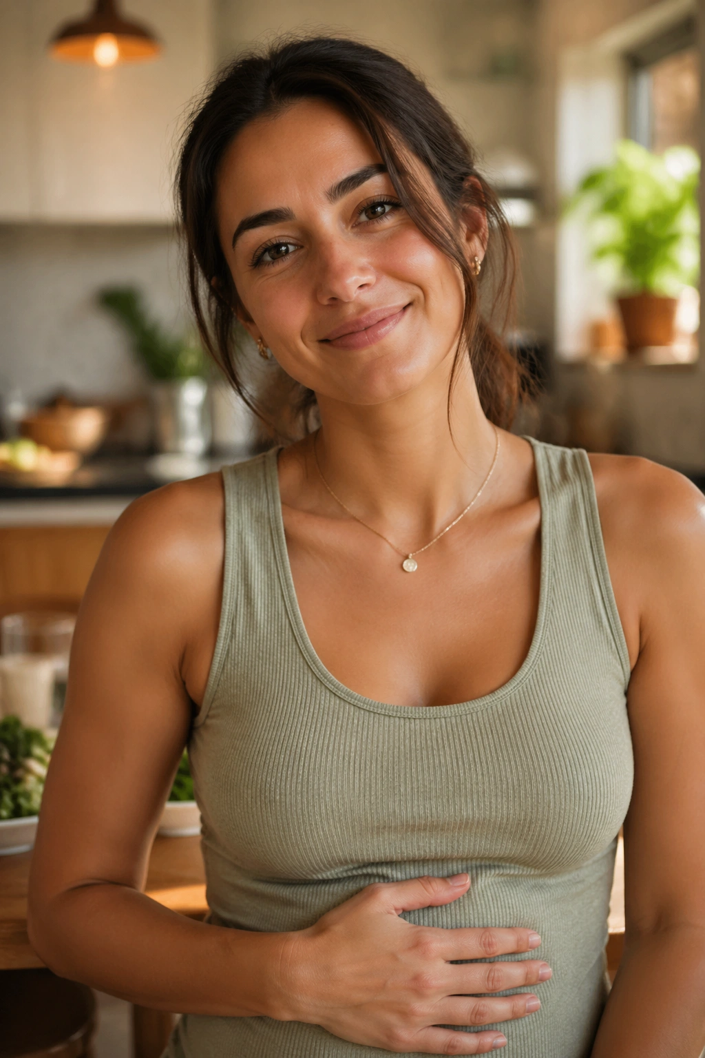 Portrait of a real person in a kitchen showing calm relief after addressing bloating triggers