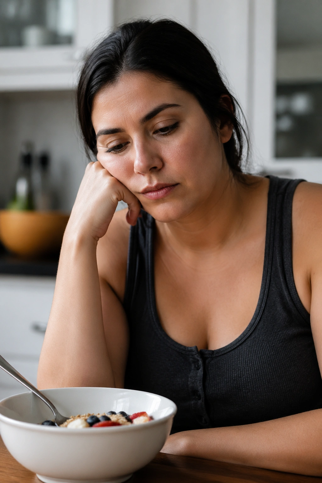 Portrait of a woman showing signs of blood sugar swings and insulin resistance.