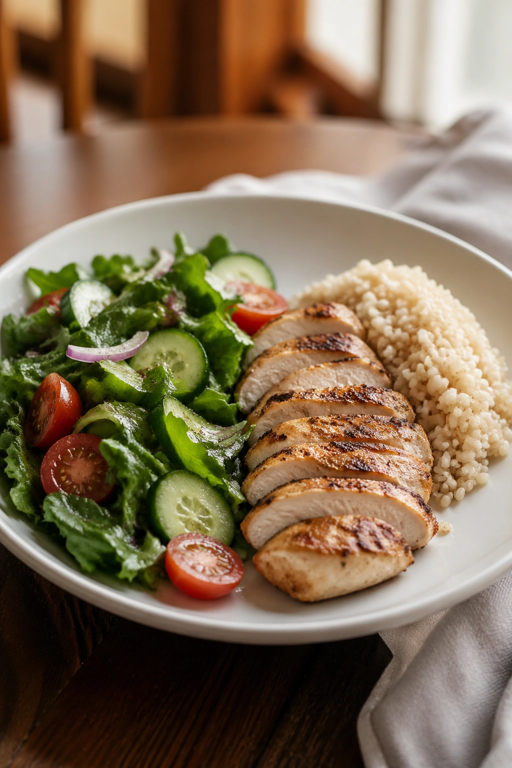 Plate showing vegetables first, then protein, then starch to steady blood sugar