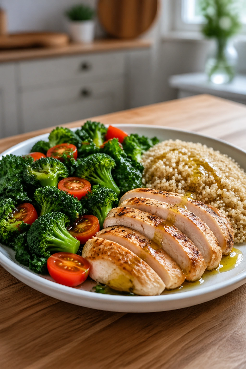 Plate showing blood-sugar steady layout with vegetables, protein, starch, and healthy fats