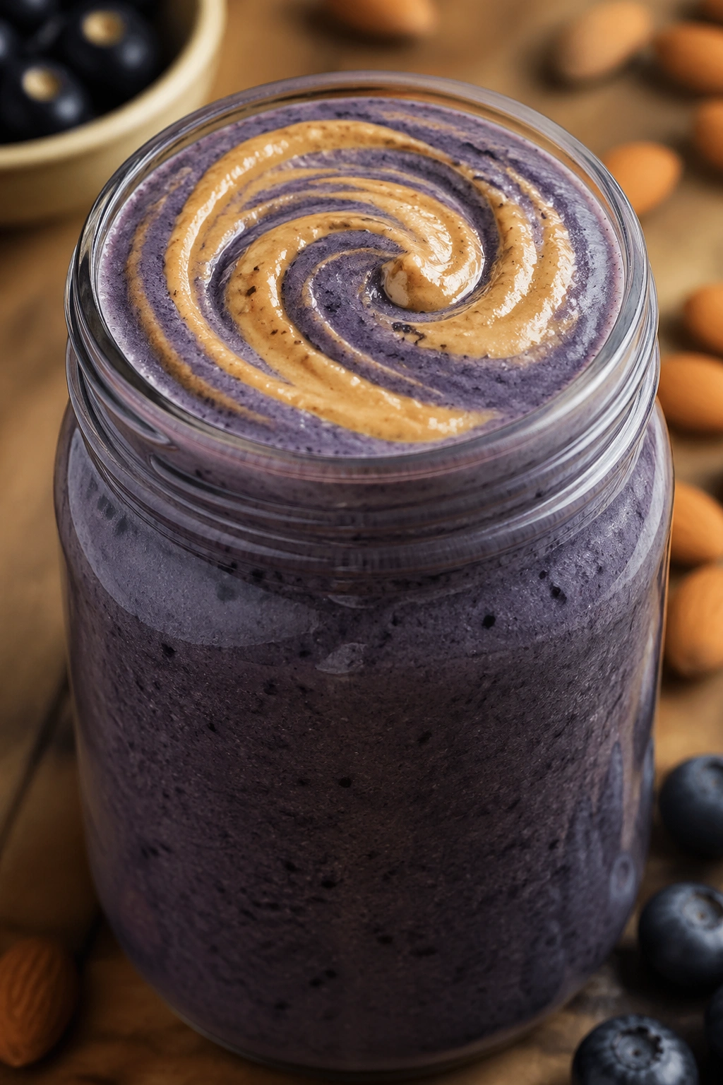 Close-up of a glass jar with a blueberry almond recovery shake, almond butter swirl on top