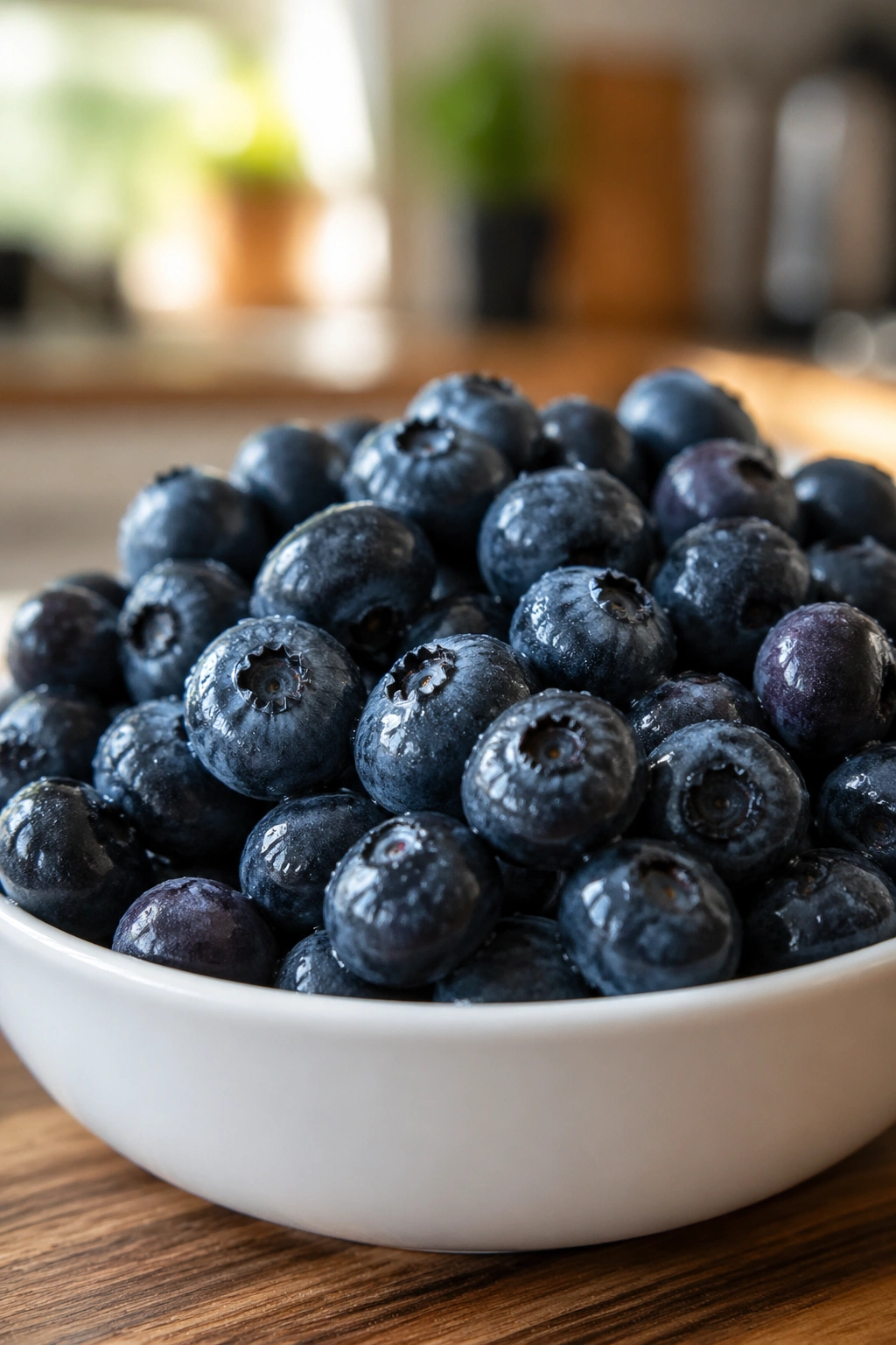 Mound of blueberries in a white bowl on a wooden table