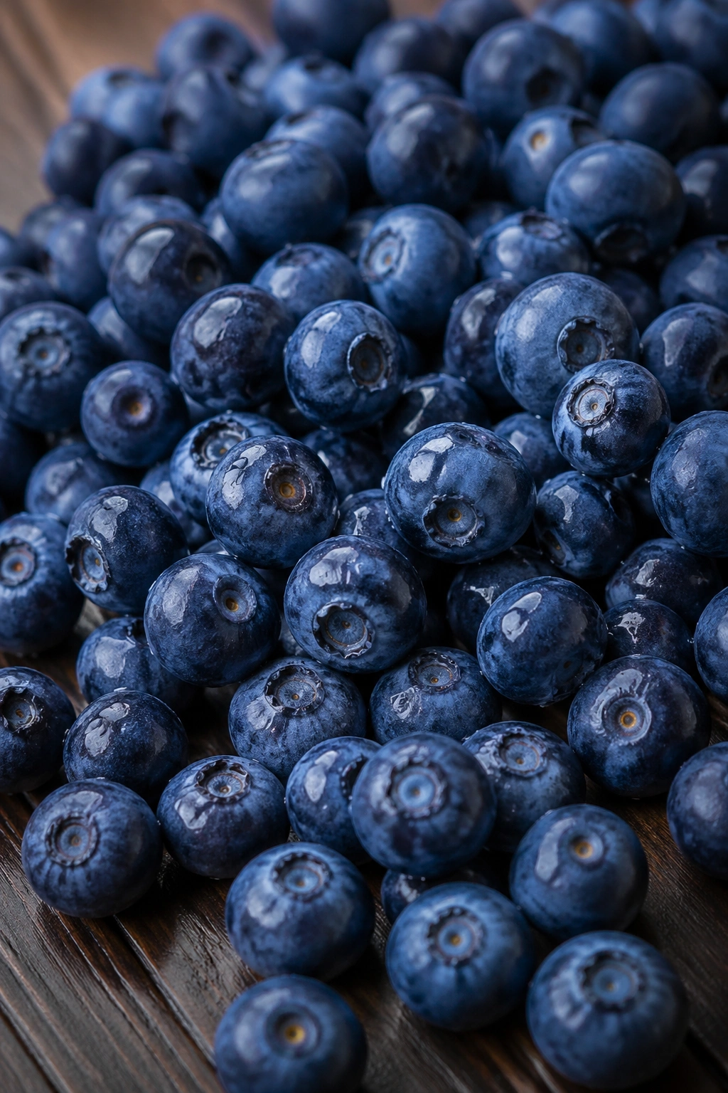 Close-up of blueberries filling the frame on a dark wooden surface.