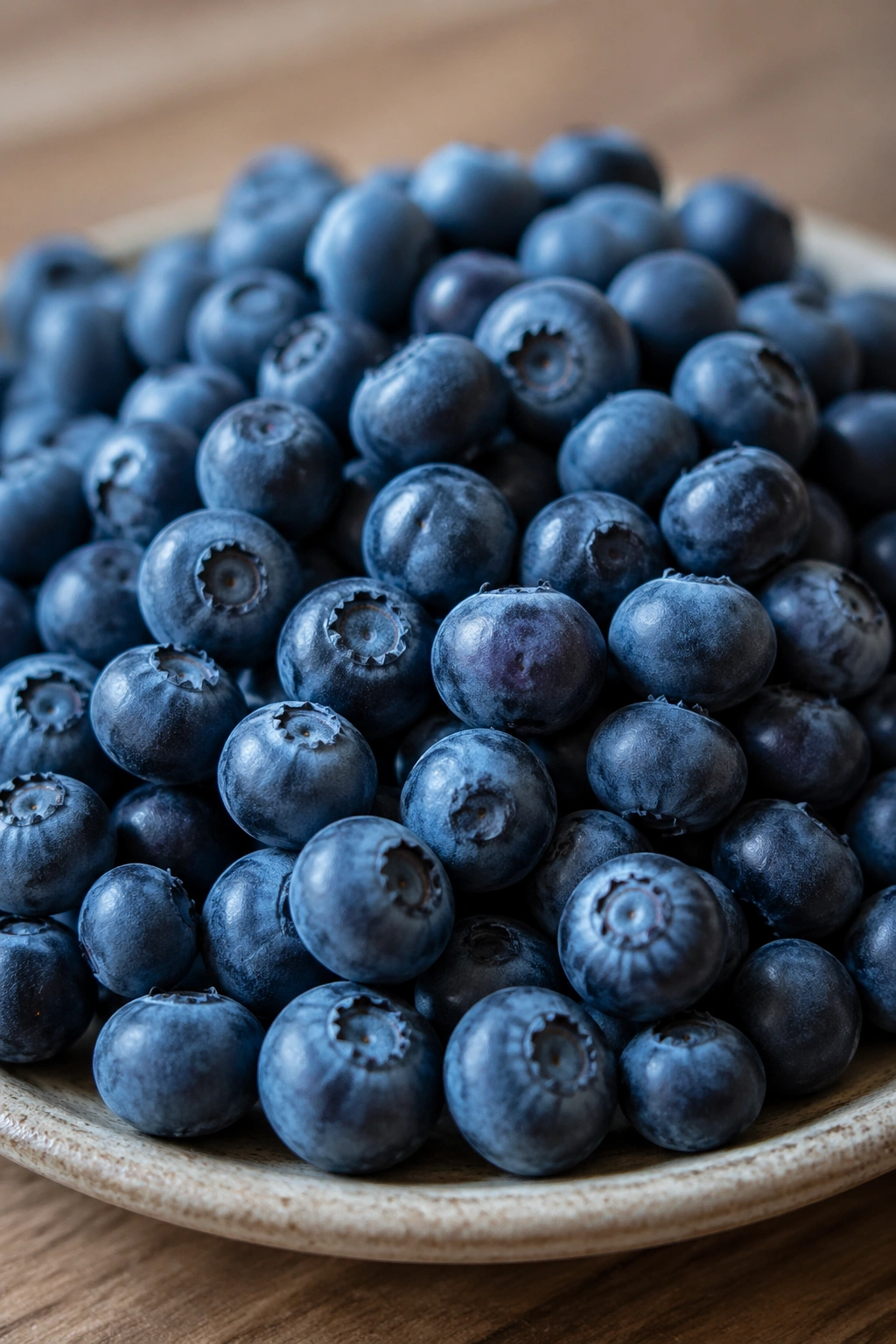 Close-up of a pile of blueberries on a plate with natural daylight