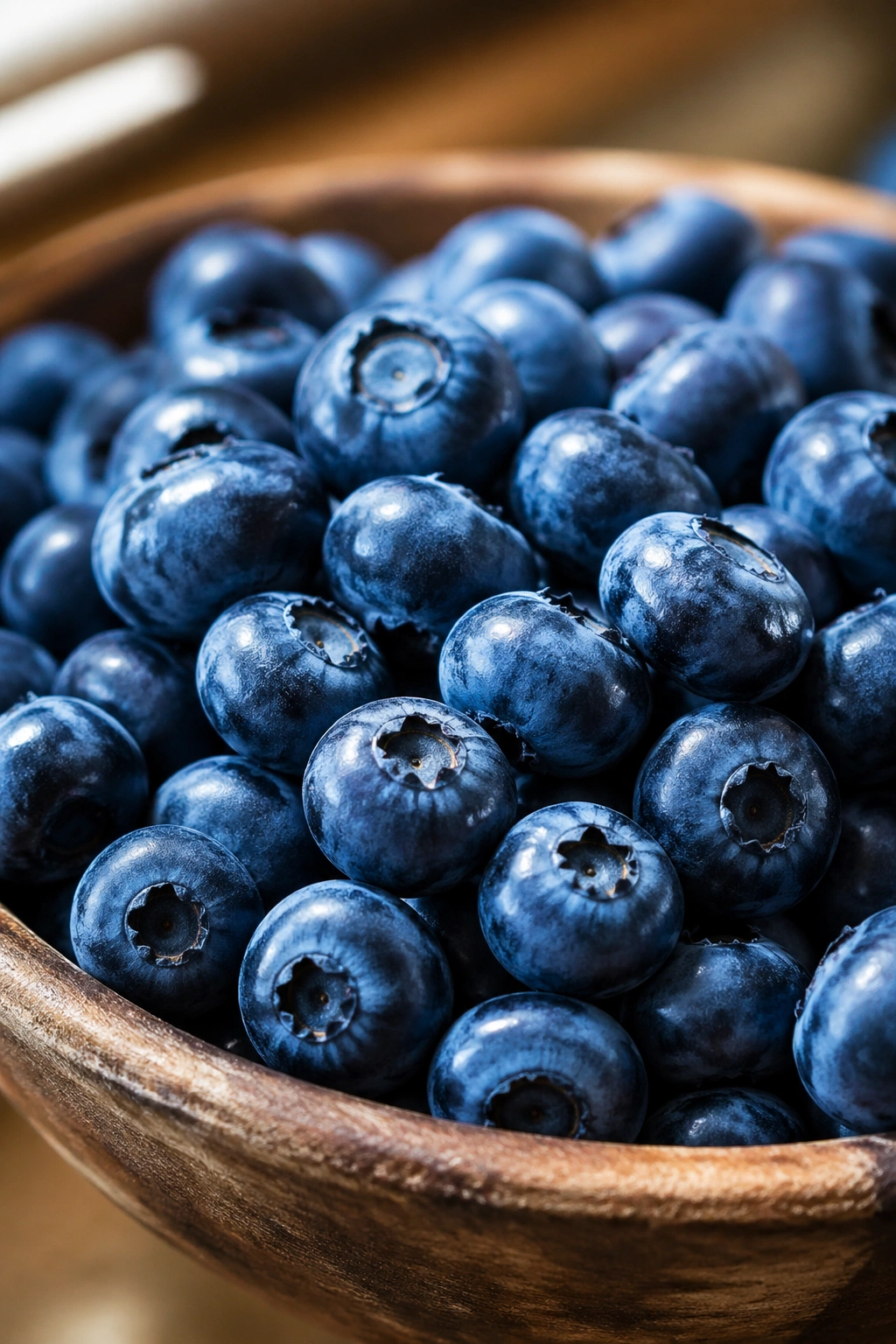 Close-up of a heap of fresh blueberries filling the frame on a wooden kitchen surface.