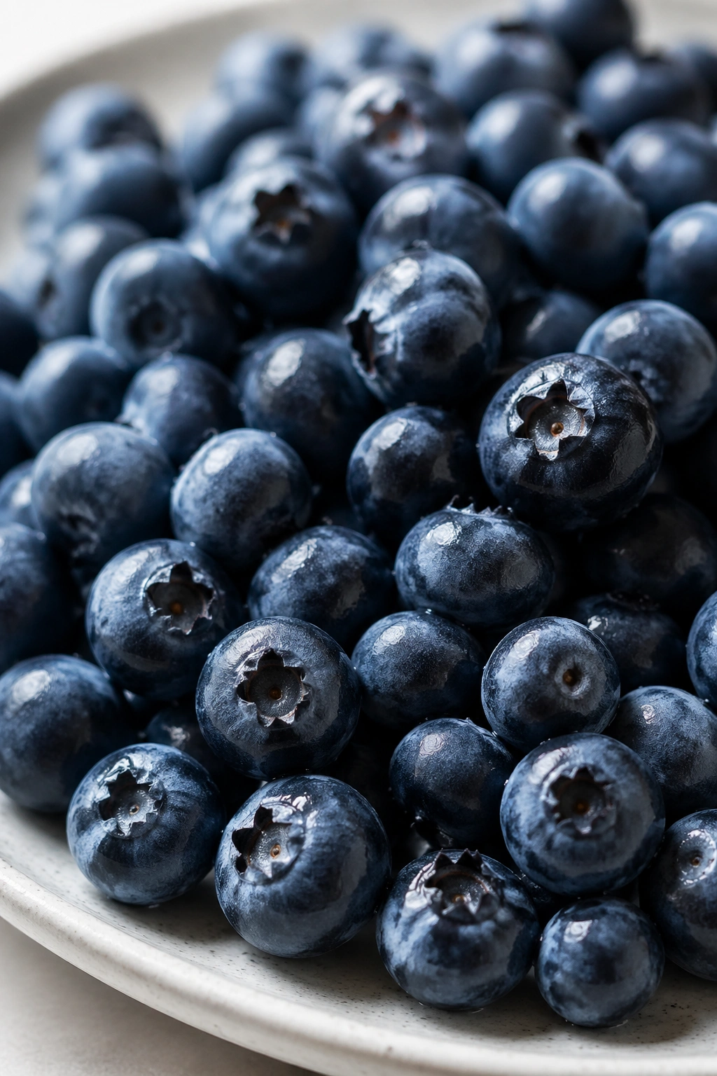 Close-up of a pile of blueberries on a plate with natural light