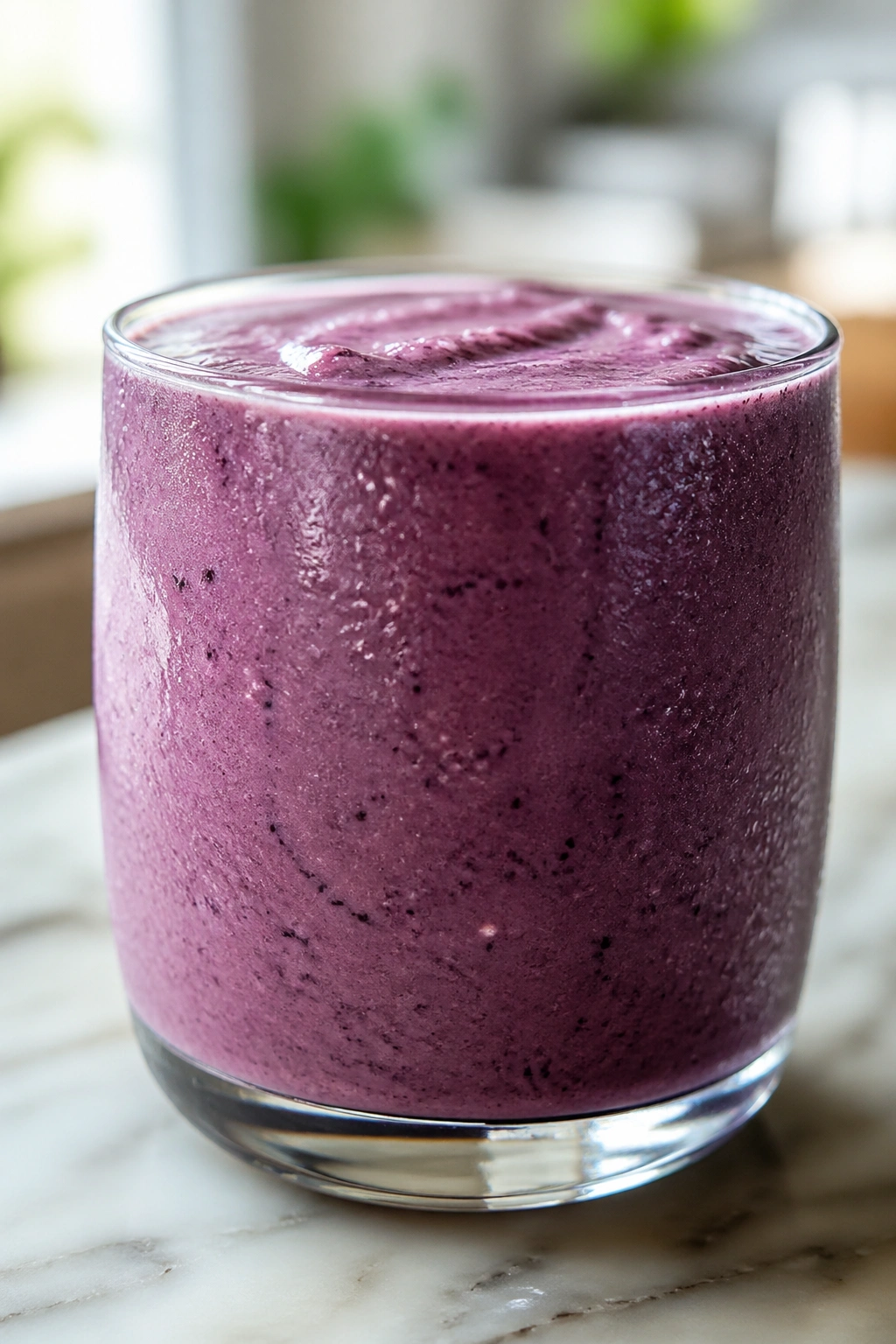 Close-up of a thick blueberry almond oat smoothie in a glass on a kitchen counter