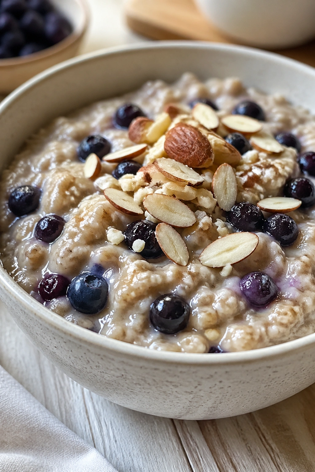 Blueberry almond protein oats close-up with blueberries and almonds