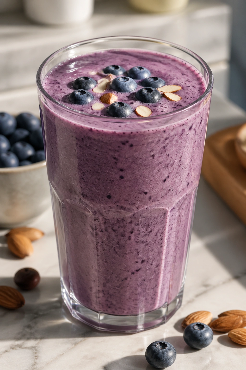 Purple blueberry almond recovery smoothie in a glass on a bright counter