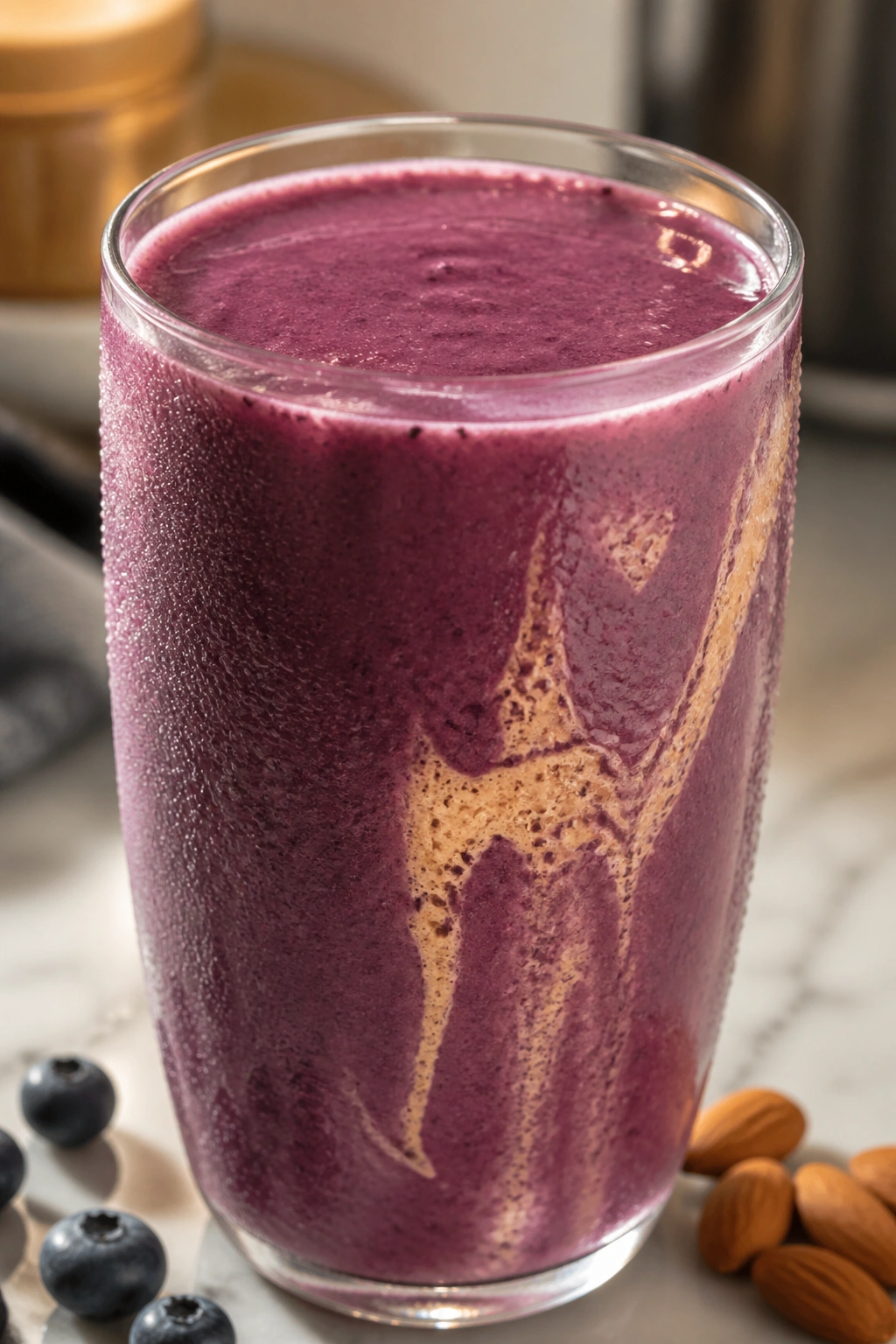 Close-up of a purple-blue blueberry almond pre-lift shake in a glass on a kitchen counter
