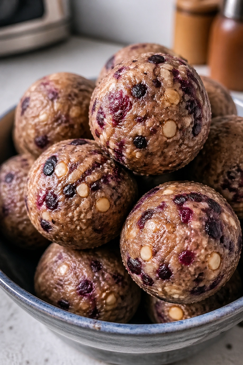 Close-up of blueberry almond vanilla protein balls with blue-purple specks in a bowl