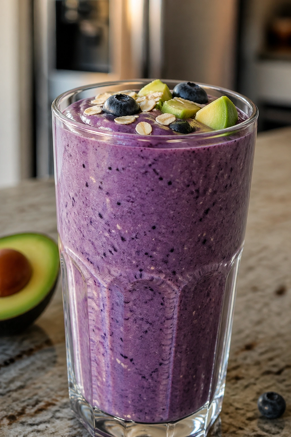 Close-up of Blueberry Avocado Oat Smoothie in a glass on a kitchen counter
