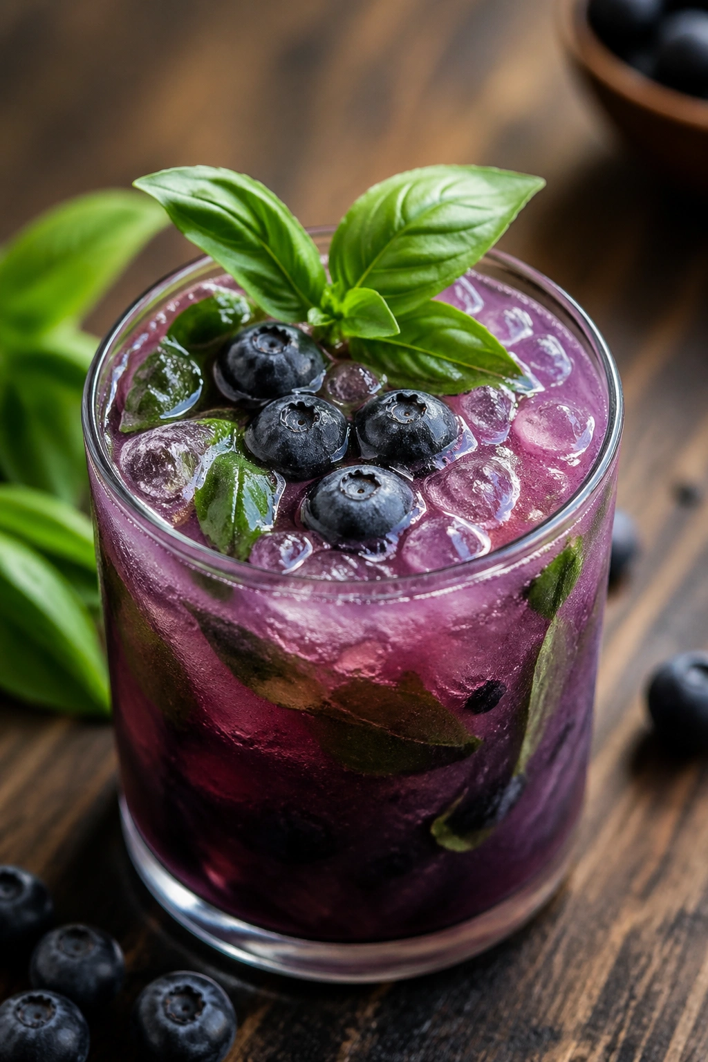 Close-up of blueberry basil refresher with muddled berries and basil
