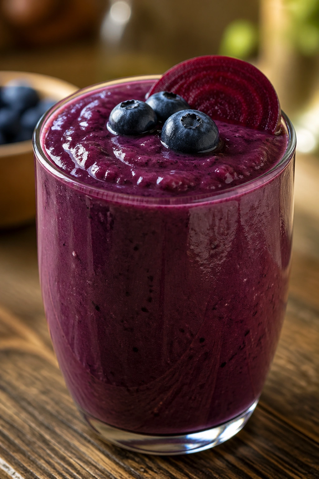 Deep purple blueberry beet smoothie in glass on wooden counter