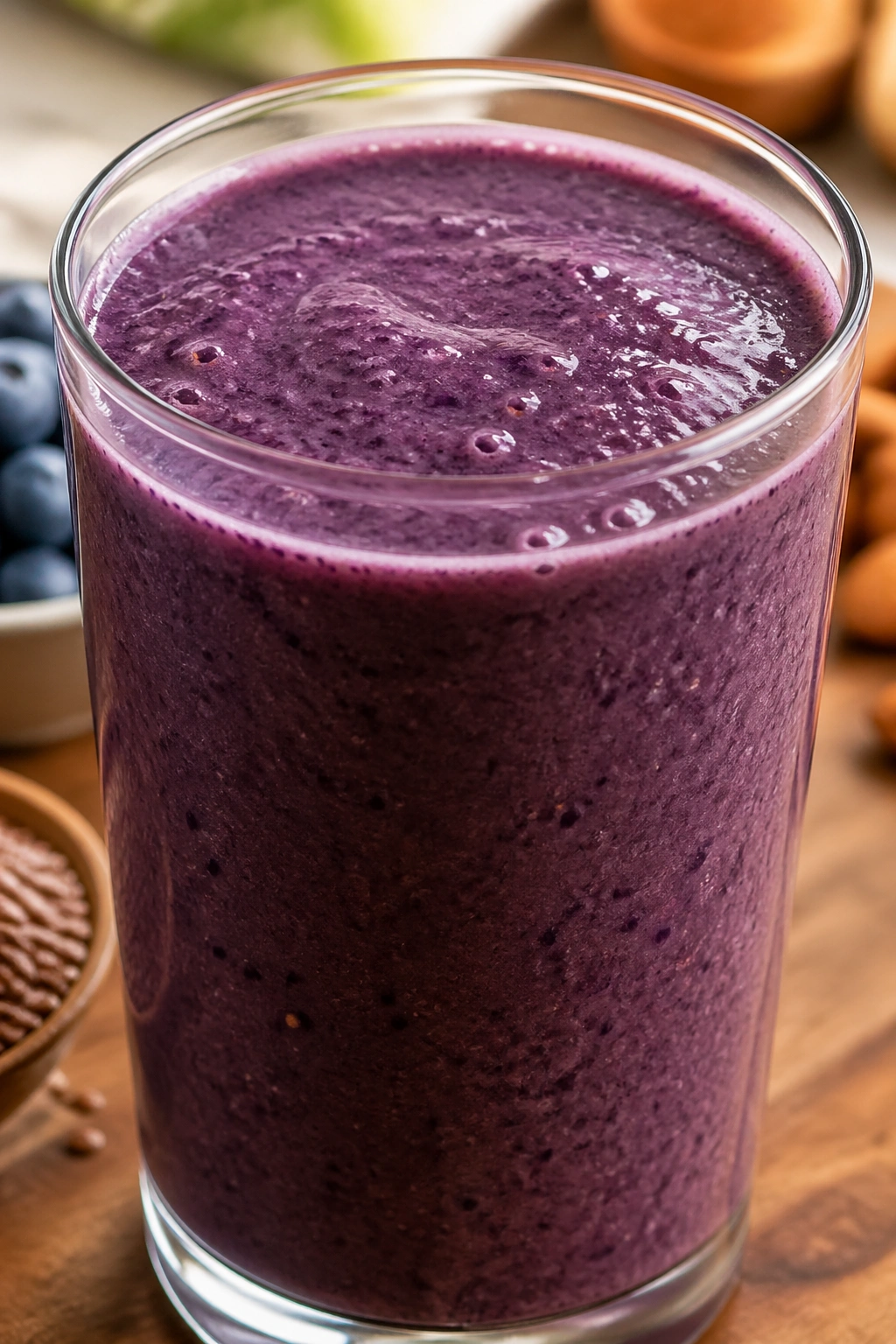 Close-up of a glass of blueberry flax almond smoothie on a wooden kitchen counter