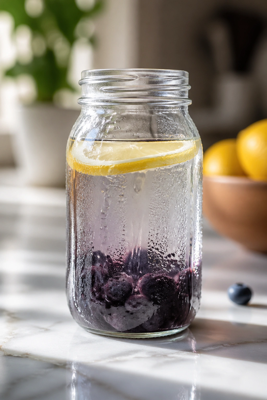 Mason jar with crushed blueberries and lemon slice in overnight lemon water