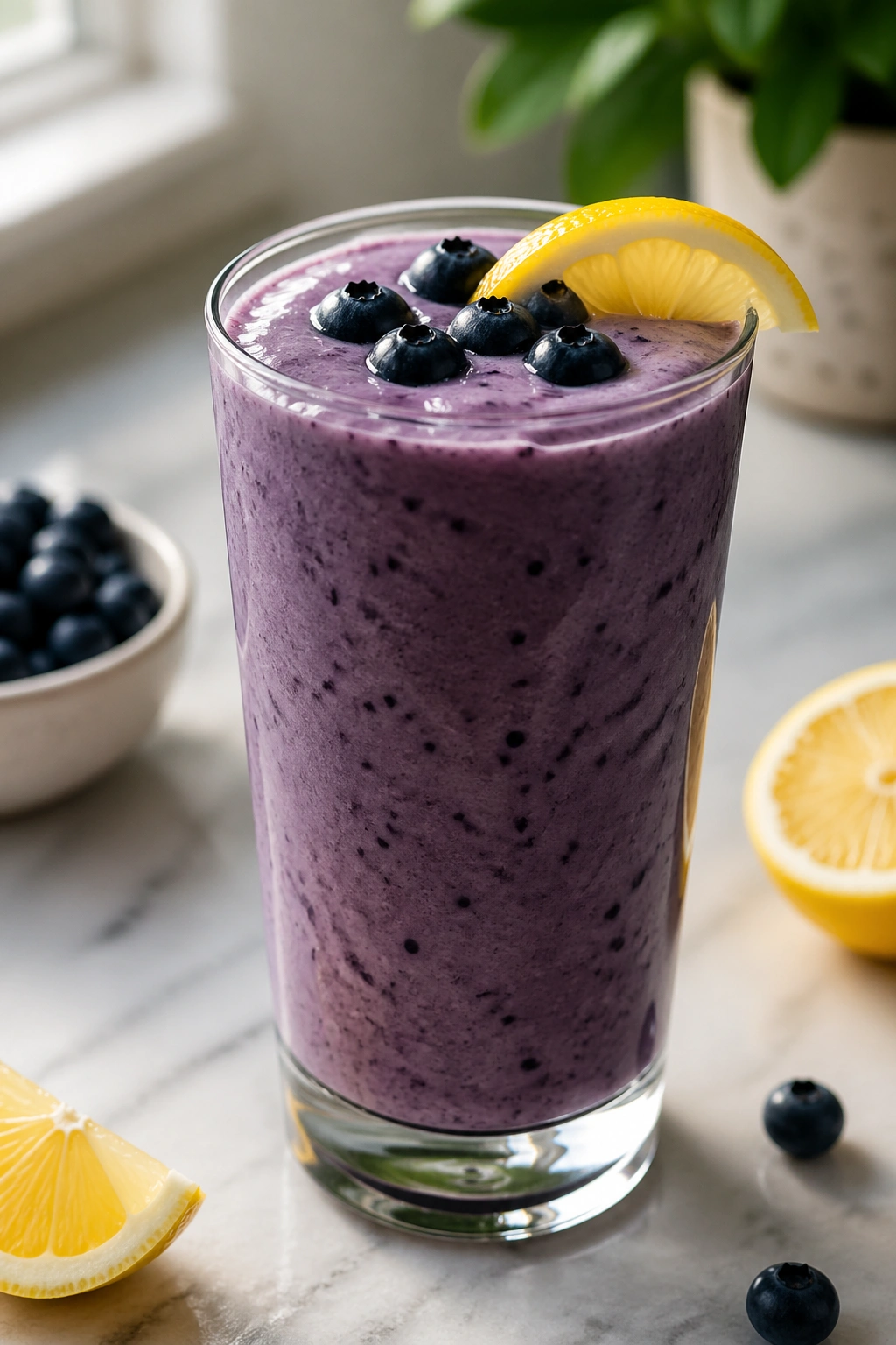 Blueberry Lemon Yogurt Shake in a glass with purple hue