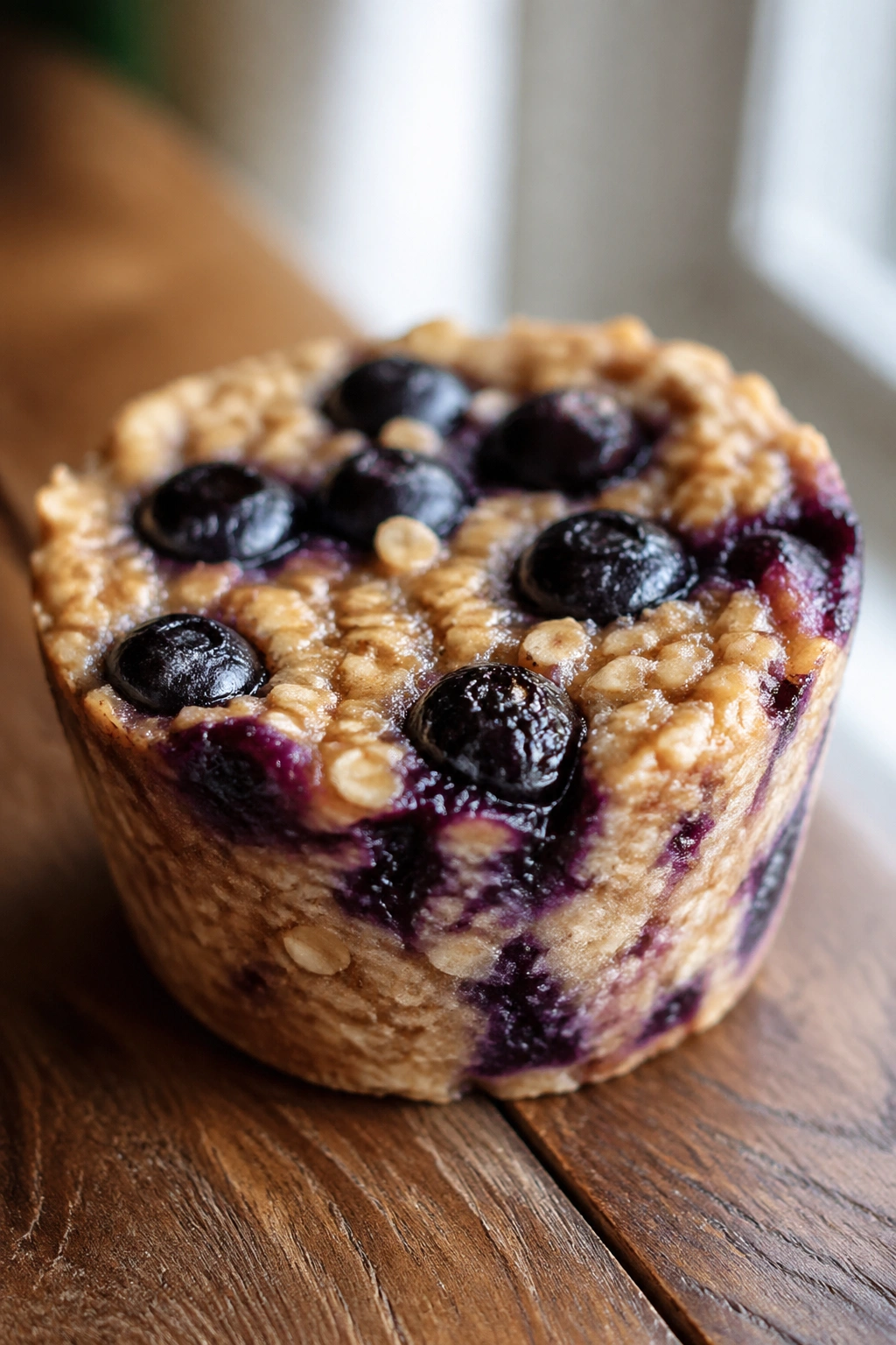 Close-up of a blueberry baked oatmeal cup with blueberries on top on a wooden table