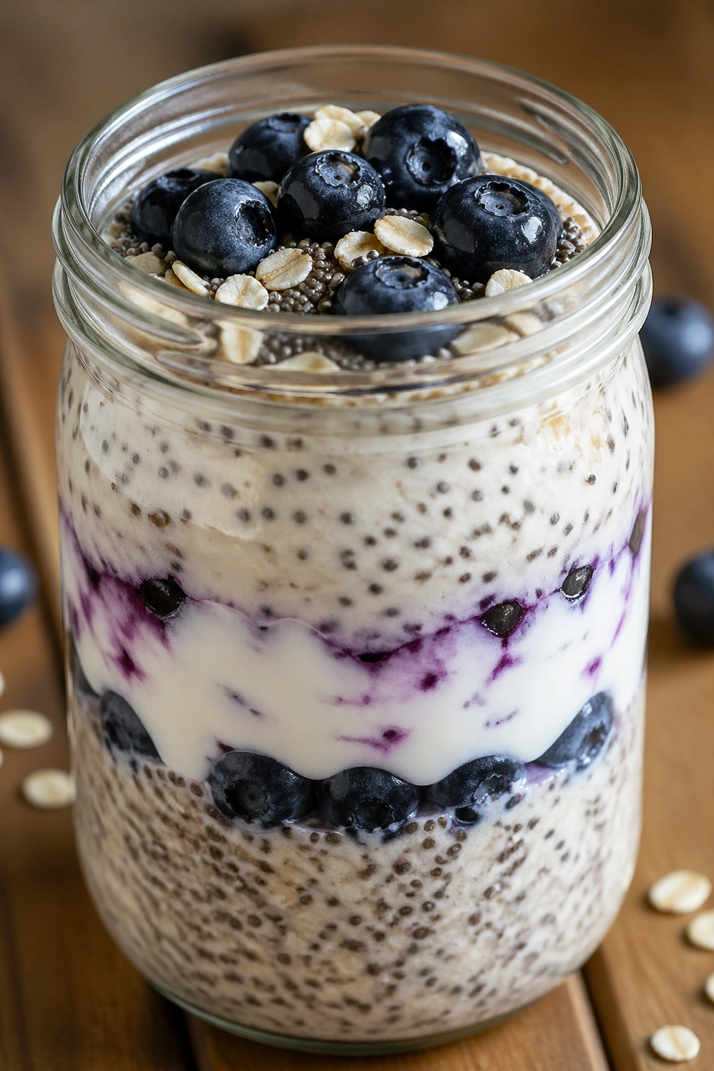 Jar of blueberry yogurt chia oats with blueberries