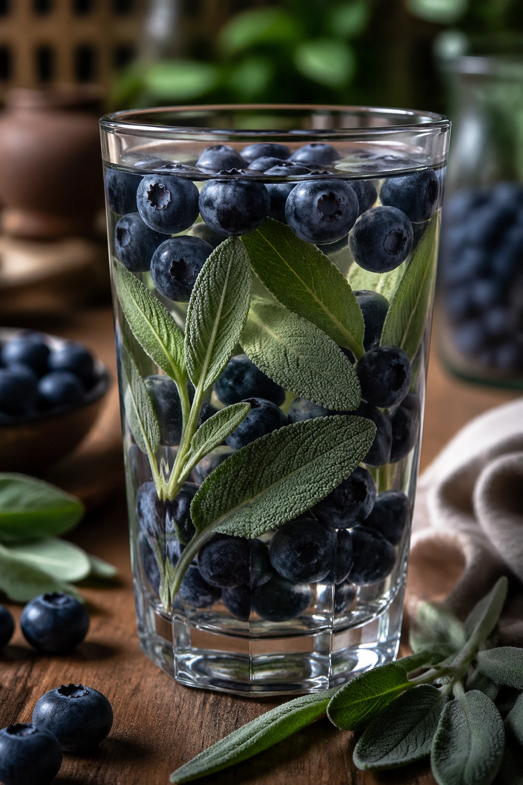 Glass of blueberry and sage infused water with blueberries and sage leaves
