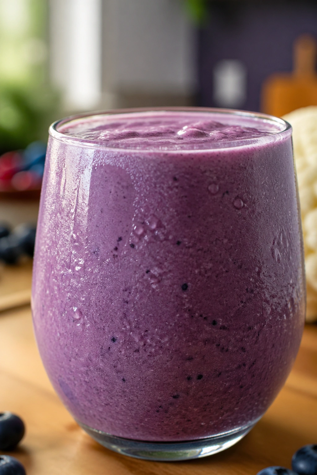 Thick blueberry smoothie in glass on kitchen counter with natural light