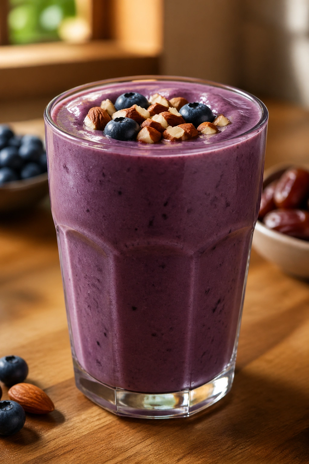 Close-up of Blueberry Date Almond Smoothie in a glass on a wooden counter