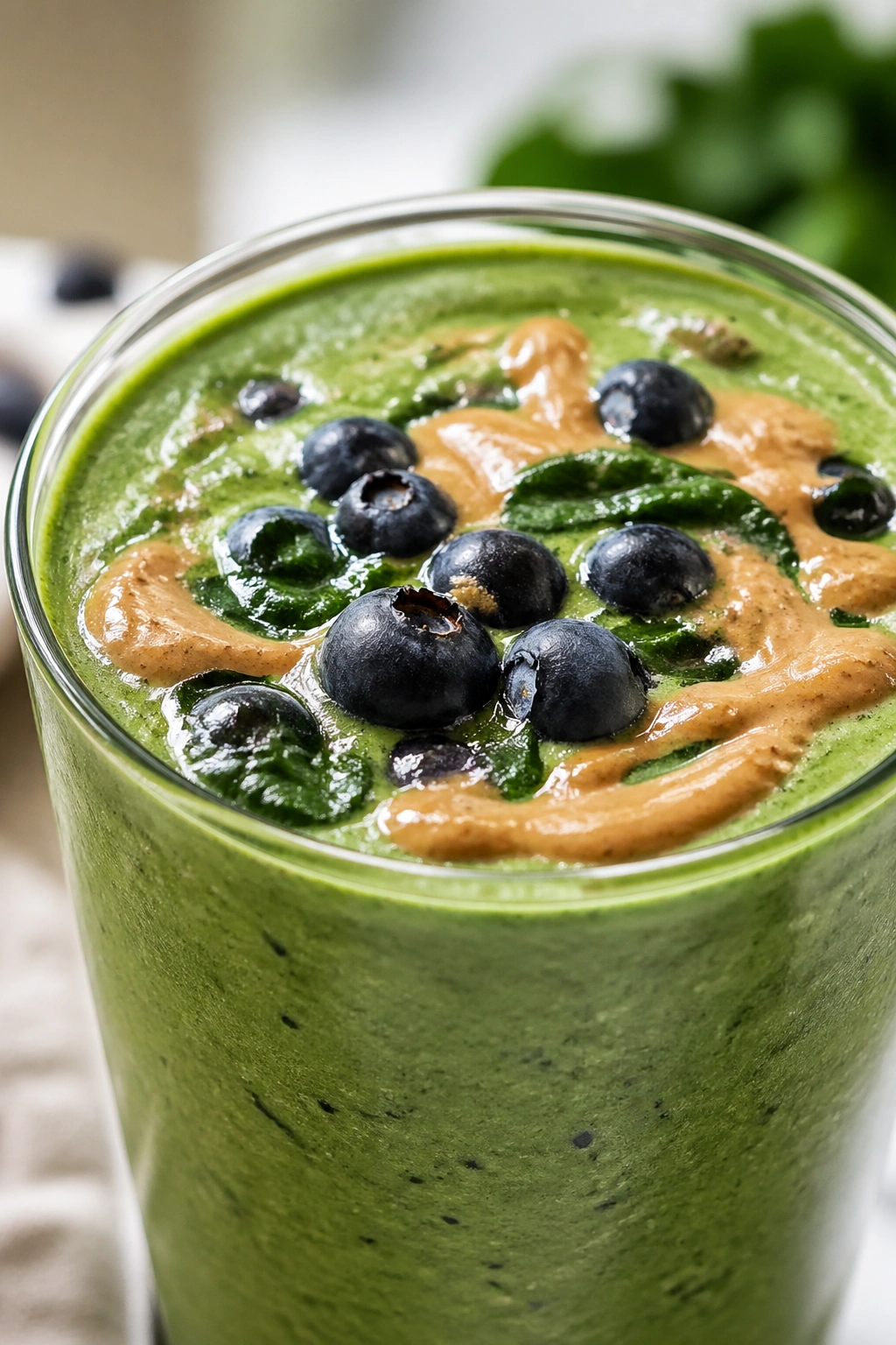 Green blueberry spinach almond butter smoothie in a glass