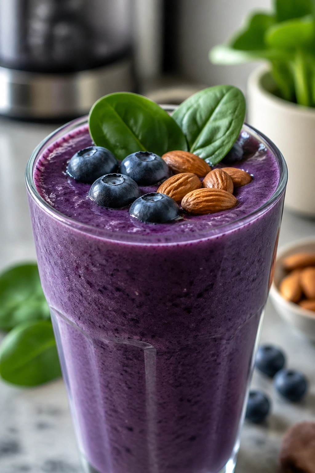 Purple-blue blueberry spinach smoothie in glass on kitchen counter