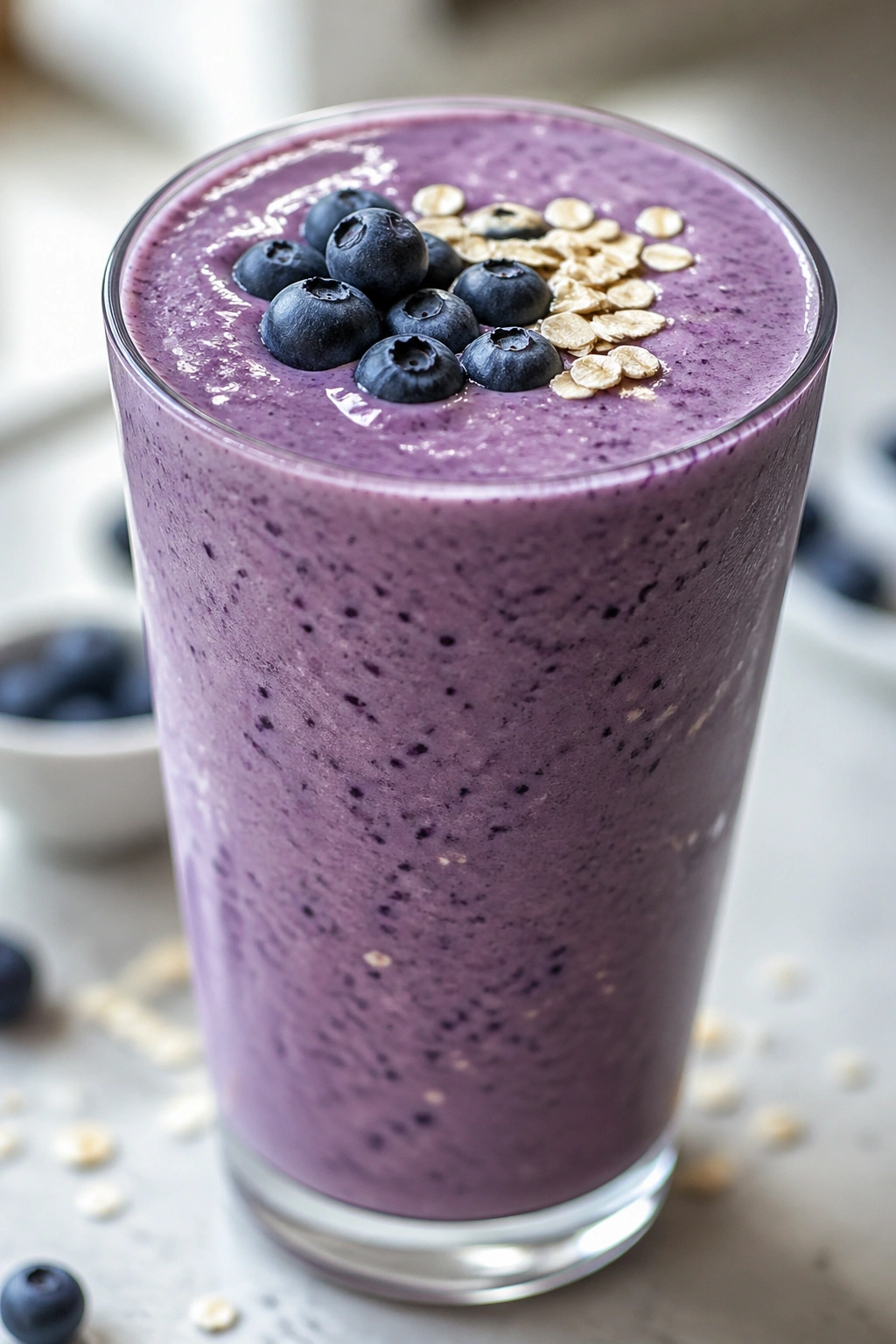 Close-up of a glass of blueberry vanilla oat recovery smoothie on a kitchen counter