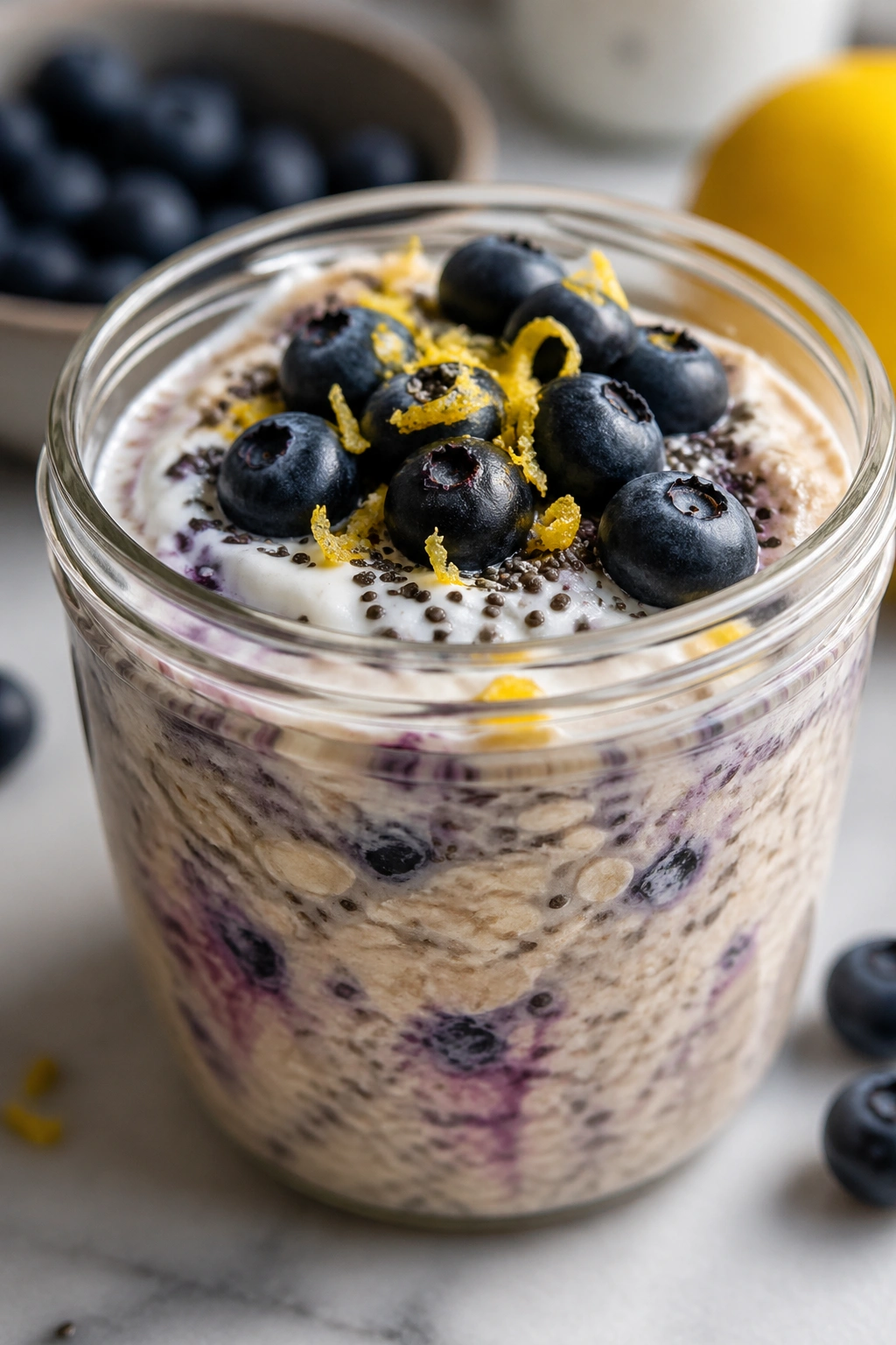 Blueberry lemon yogurt oats in a jar with blueberries and lemon zest