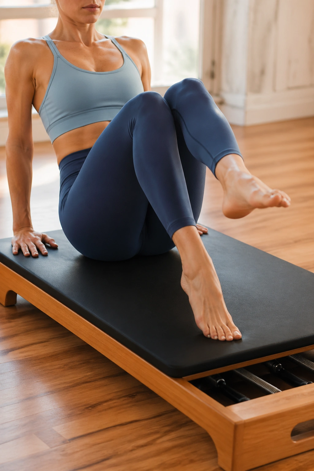 Close-up of a person in boat hold on a Pilates board, torso in a V shape with alternating toe taps.