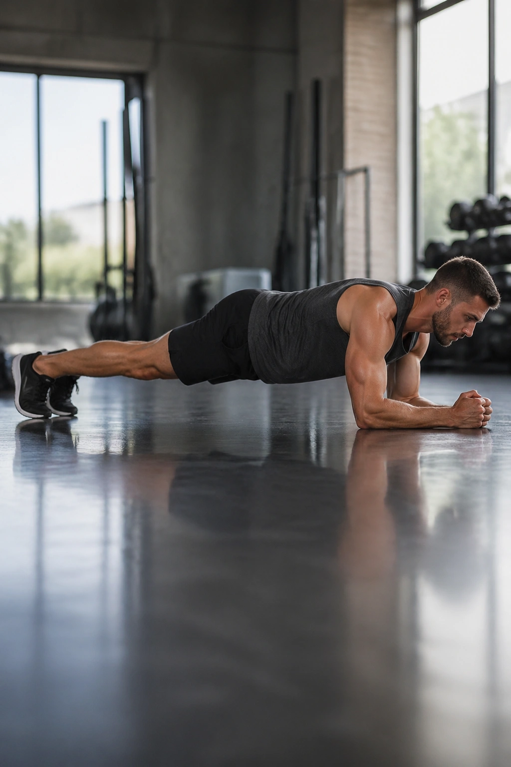 Side view of a Body Saw exercise showing braced torso in plank