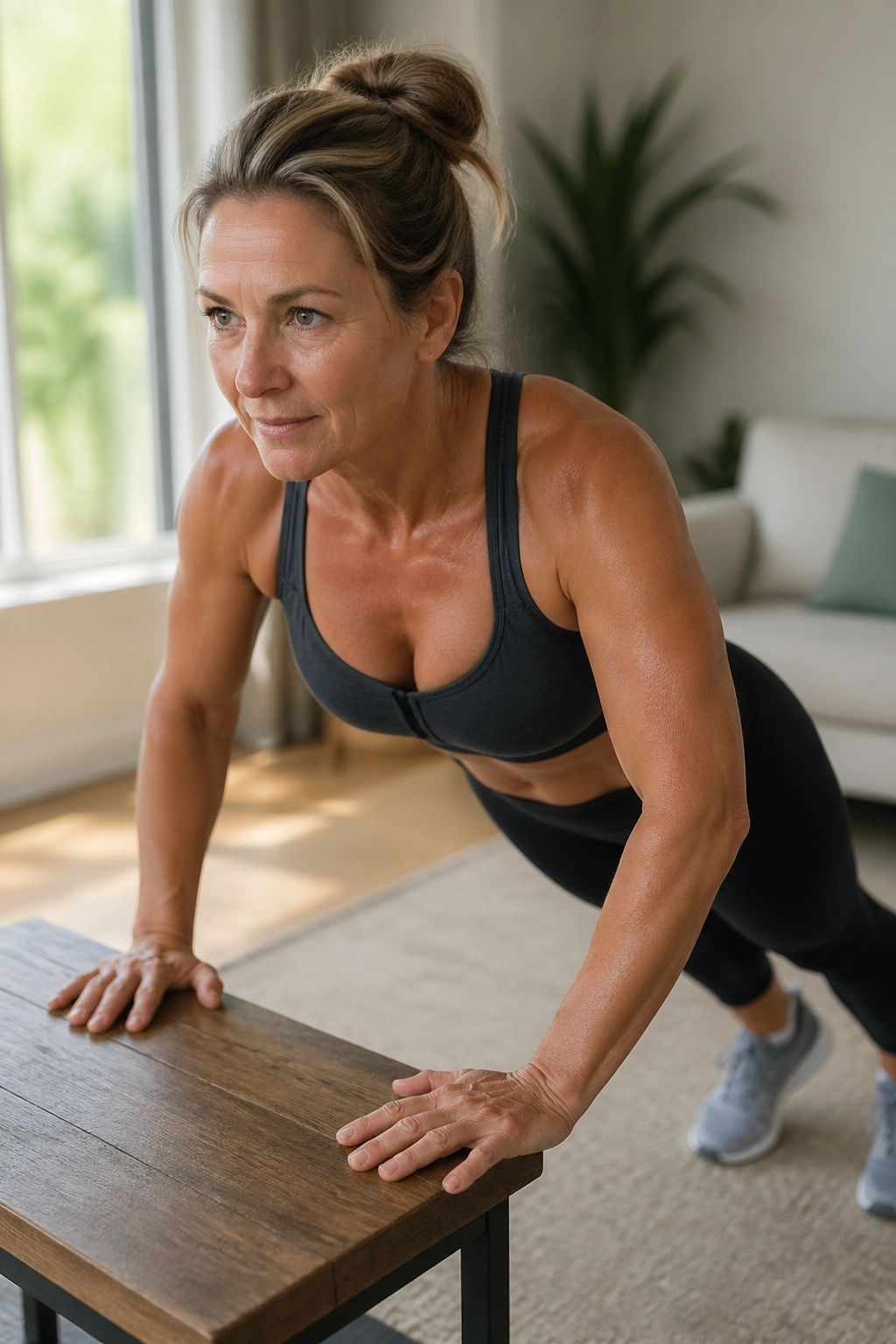Close-up of a person performing incline push-up as part of a bodyweight circuit