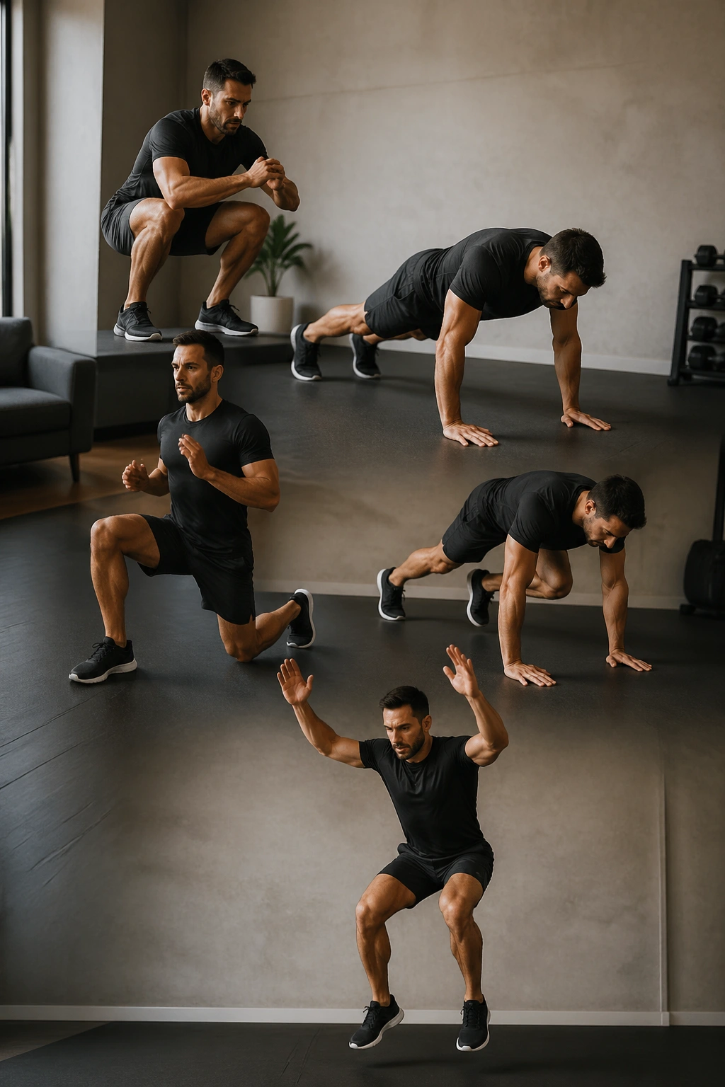 Person performing continuous bodyweight circuit in a small home gym