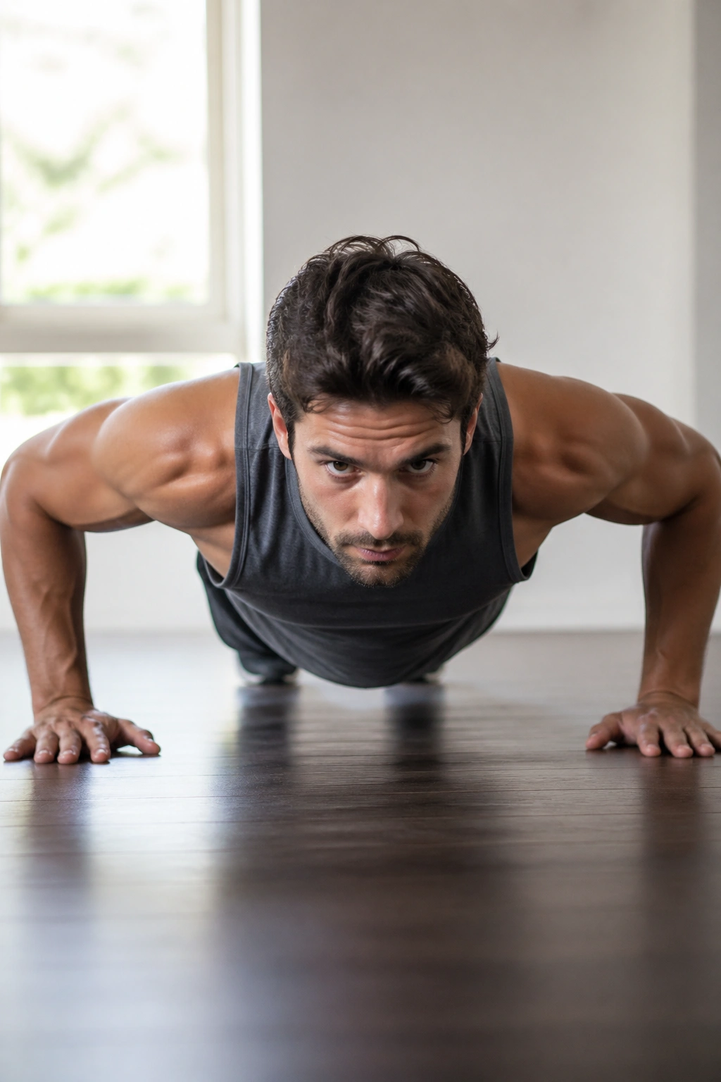 Medium close-up of a person performing a push-up in a home gym