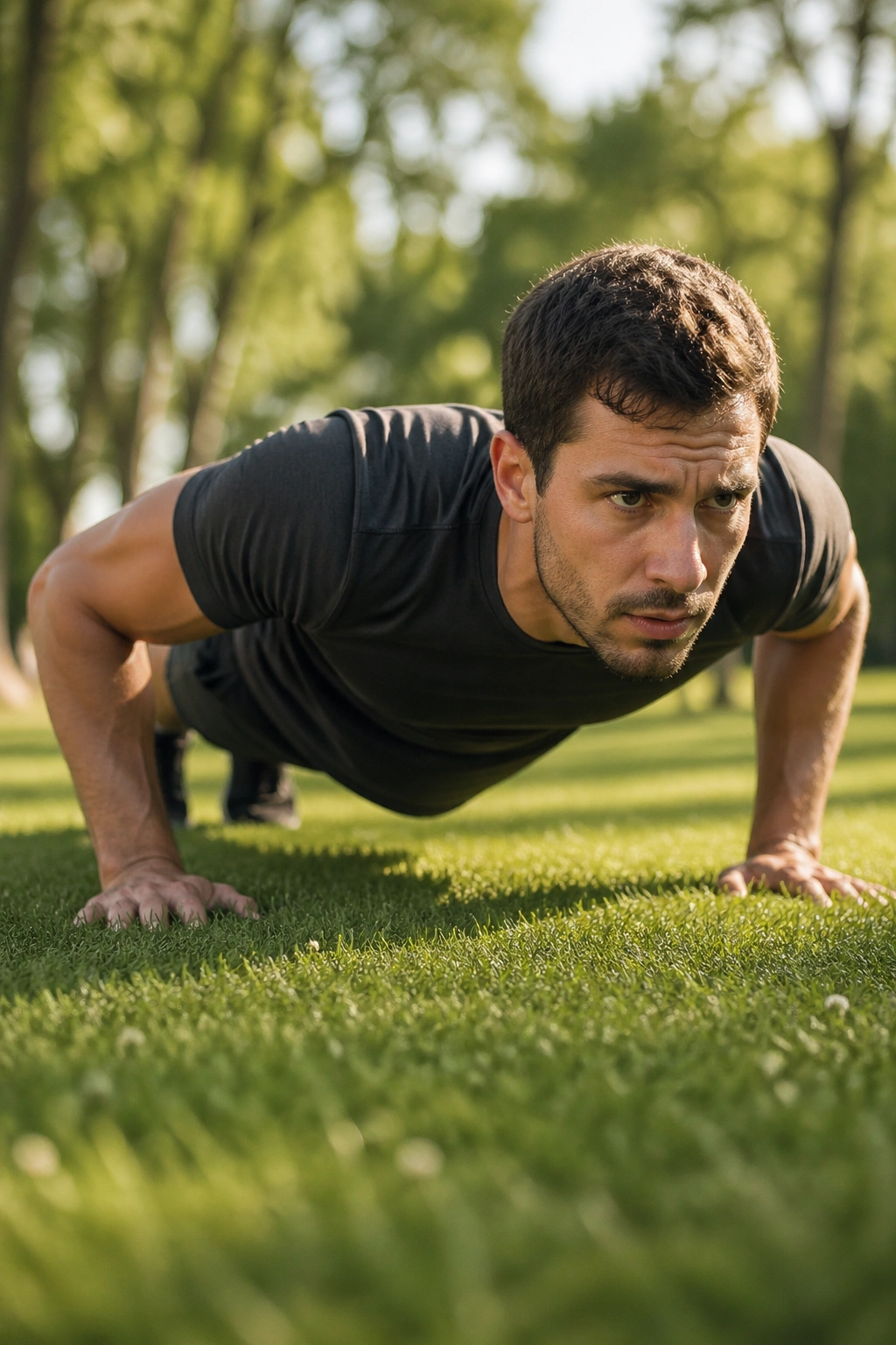 Person performing a bodyweight push-up as part of a ladder-style strength routine outdoors.