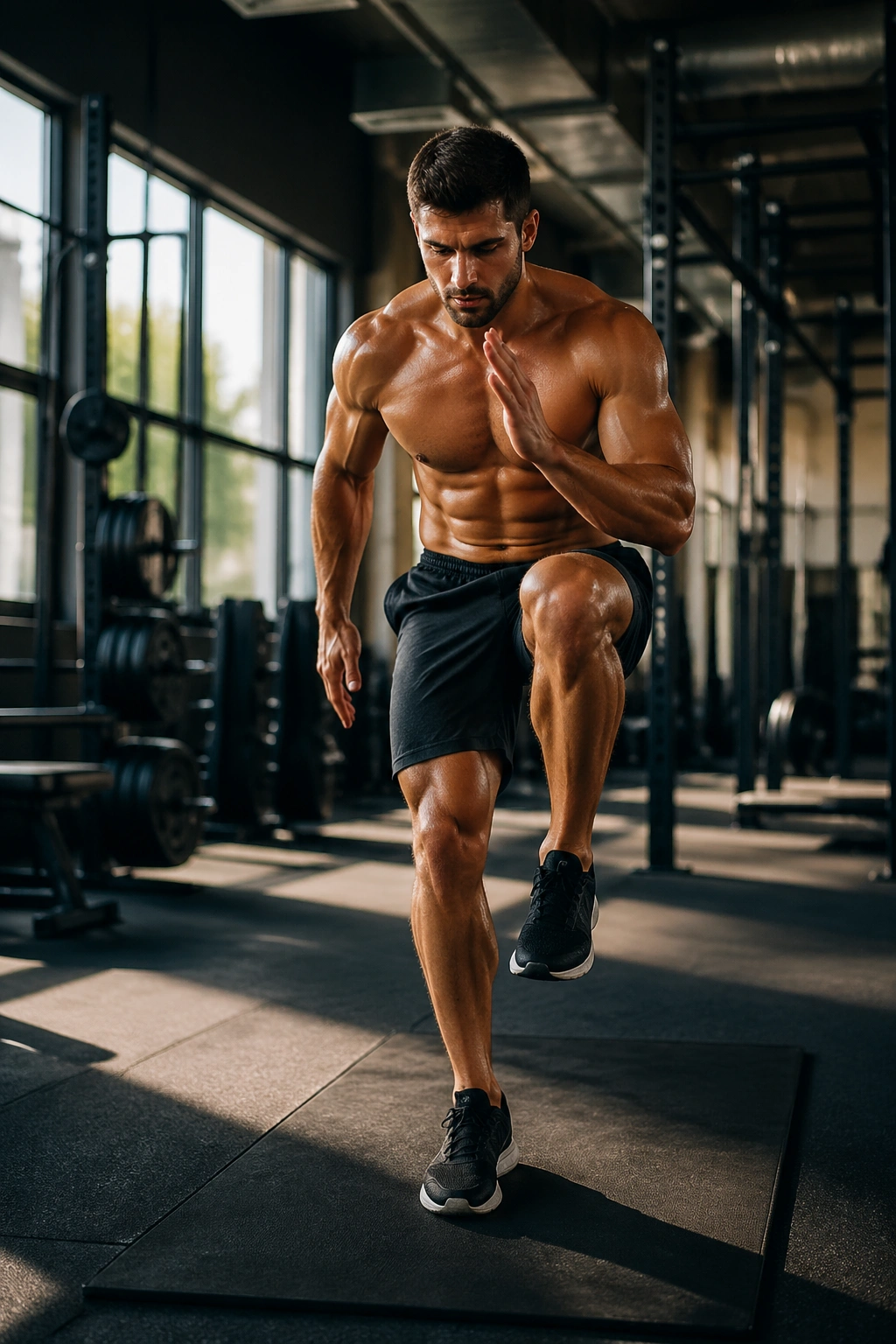 Mid-shot of a fit person performing a bodyweight ladder workout on a gym floor