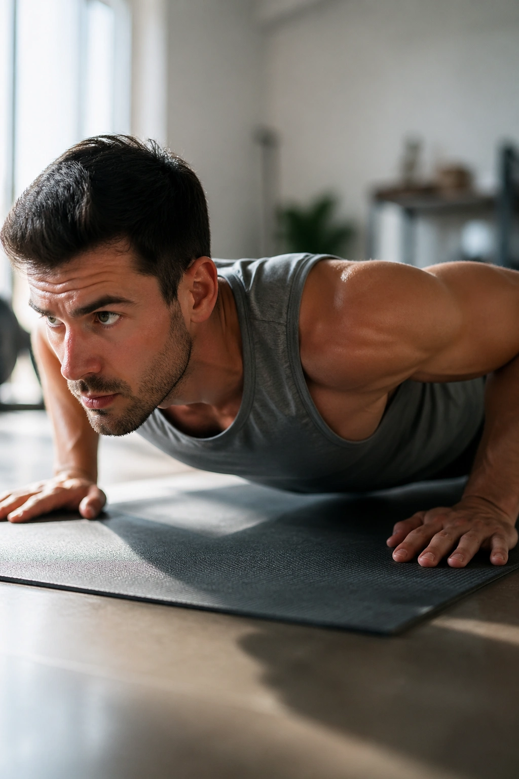 Close-up of a fit person performing a push-up on a mat in a bright home gym