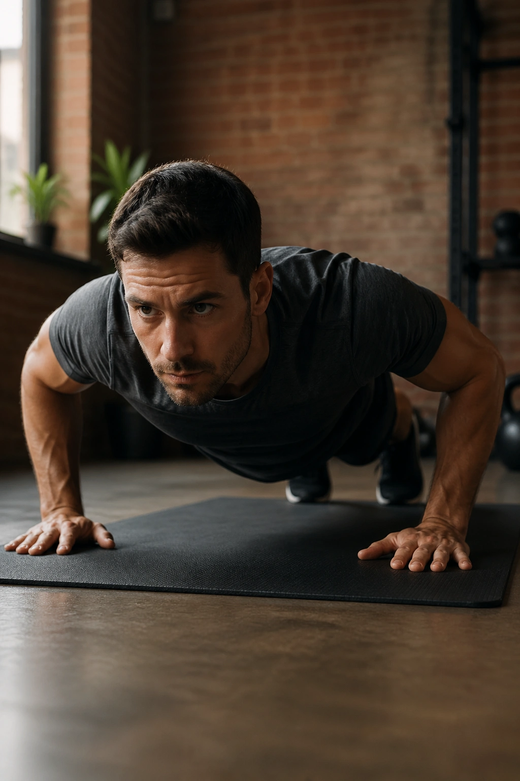 Person performing a push-up as part of a bodyweight pyramid training session