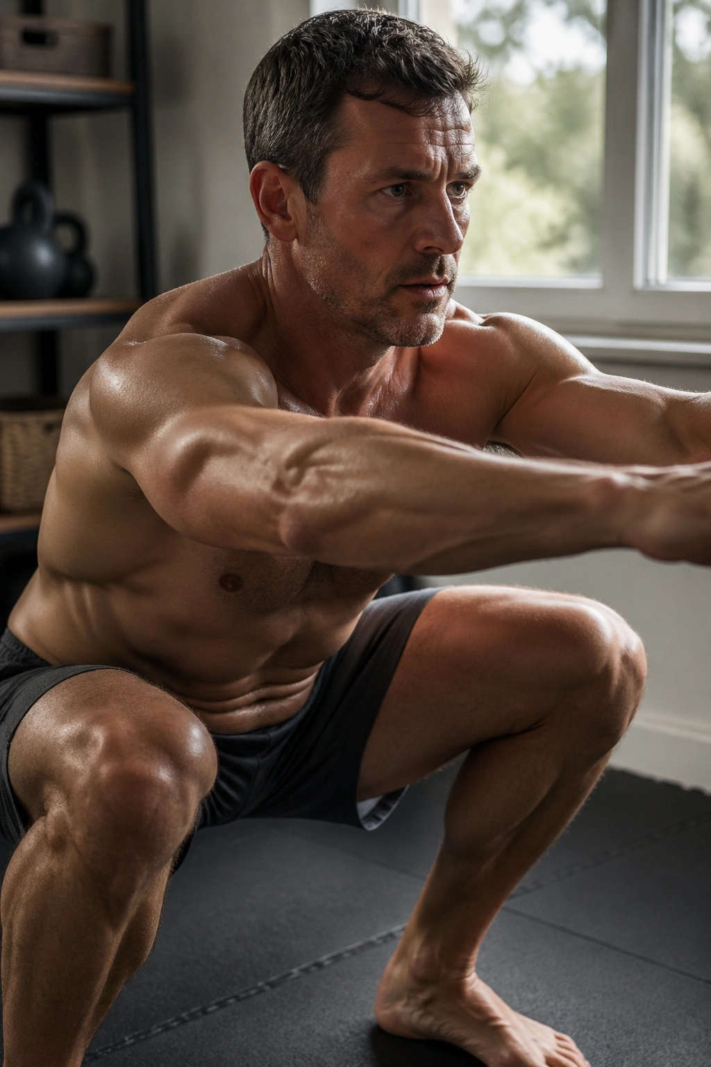 Close-up of a fit man performing a bodyweight squat in a home gym