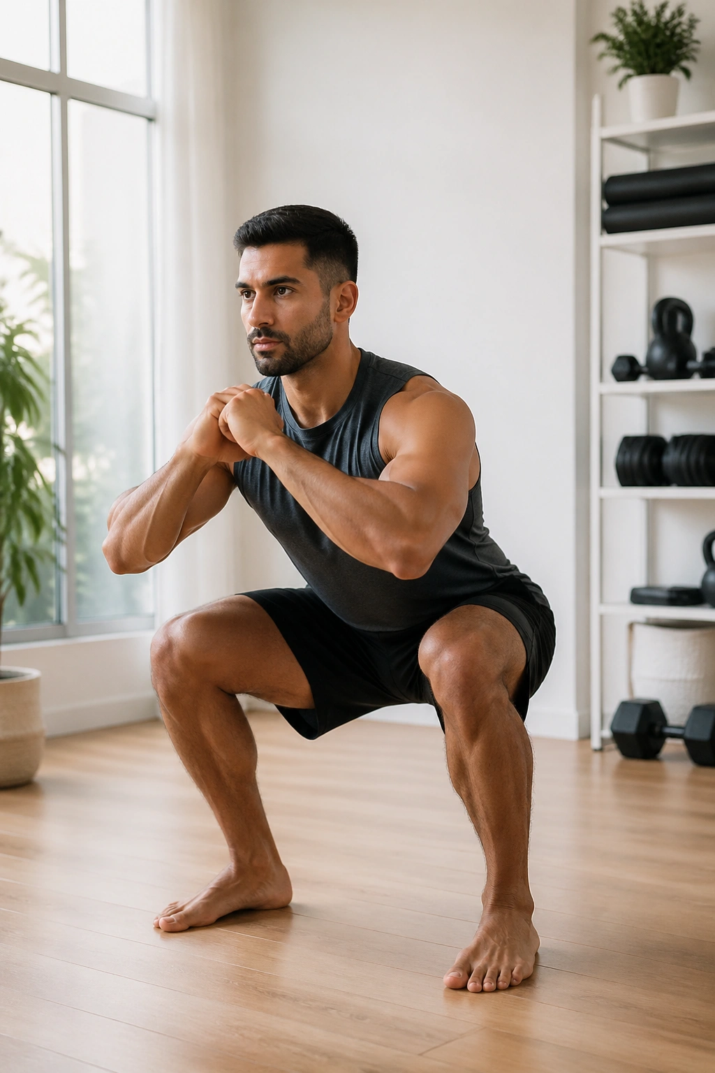 Person performing bodyweight squats with proper form in a bright home gym.