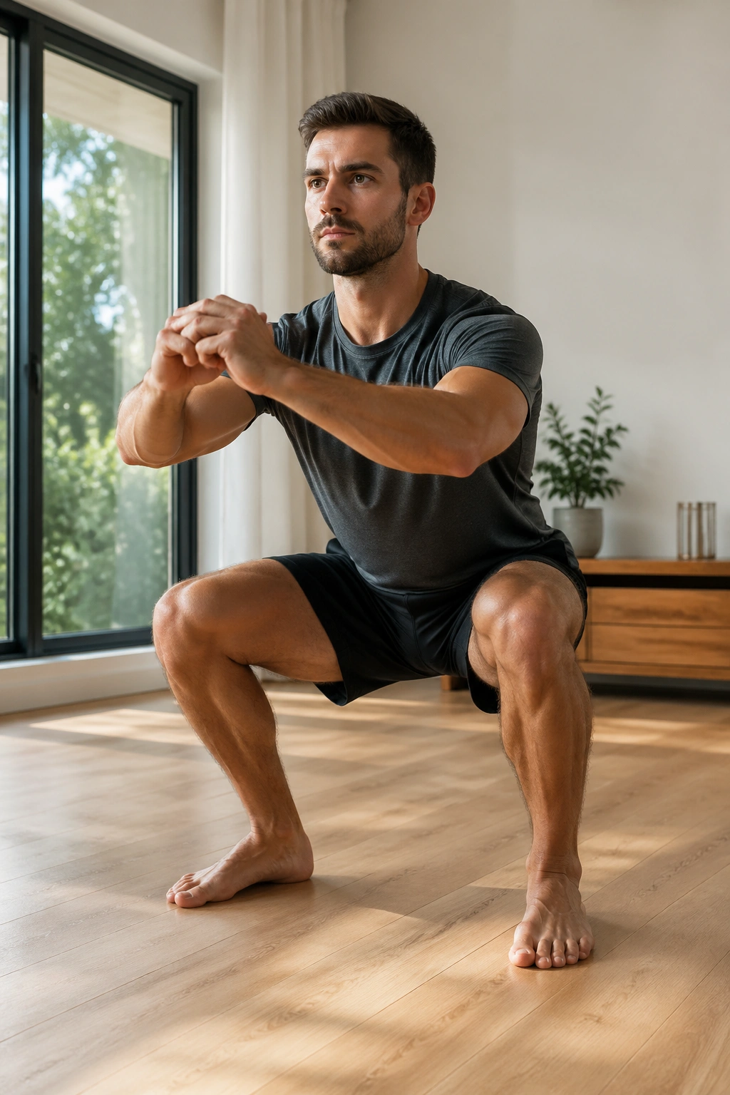 Person performing air squats on a clean home gym floor